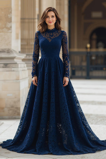 Robe longue mère de la mariée en dentelle à col haut marine avec manches